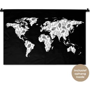 Wandkleed WereldkaartenKerst illustraties - Wereldkaart met patroon van verschillende bladeren in zwart-wit Wandkleed katoen 90x60 cm - Wandtapijt met foto