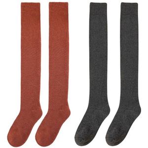 Overknee kousen - Damessokken - set van 2 paar - gevoerd - stretch - wintersokken - maat 35-40 - huissokken - wintersport warme - Grijs en baksteenrood