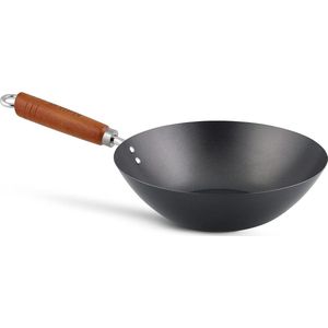 27cm Classic Niet-Plakkende Koolstofstaal Wok - Houten Handvat - Pan Met Platte Bodem - Niet Inductie - Niet Vaatwasmachinebestendig - 2 Jaar Garantie