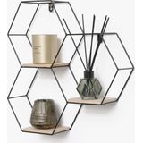 Zwart metalen wandrek industrieel met 3 houten plankjes - Driedubbel zeshoekig - 40,5x41 cm