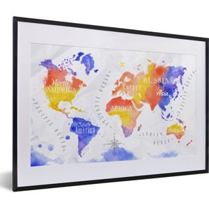 Fotolijst incl. Poster - Wereldkaart - Waterverf - Rood - Blauw - 60x40 cm - Posterlijst