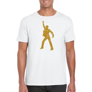 Bellatio Decorations disco verkleed t-shirt voor heren - wit - gouden glitter - jaren 70/80 XL