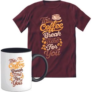 T-Shirtknaller T-Shirt met Koffiemok | Coffee Break Time - Koffie Kleding | Heren / Dames Shirt met Mok Cadeau | Kleur rood | Maat XXL