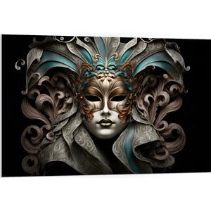 PVC Schuimplaat- Wit Venetiaanse carnavals Masker met Blauwe en Gouden Details tegen Zwarte Achtergrond - 105x70 cm Foto op PVC Schuimplaat