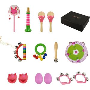 14 stuks houten muziekinstrumentenset roze mini-band muzikale sensorische initiatie-instrumenten voor 1+ jaar oud met schommeltrommels zandhamers/rammelaars/zandeieren/ringhandrammelaars