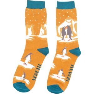 Mr Heron - Bamboe sokken heren pinguïns op ijsschots - mustard - dieren - dierenprint - leuke sokken - grappige sokken - cadeautje