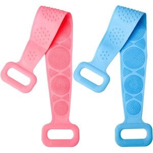 2-delige siliconen badhanddoek voor het baden van de rug, lange strip badhulp voor het scrubben van de rug - blauw + roze