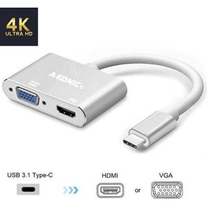Usb-c naar HDMI VGA adapter | 2 in 1 type-c to VGA en HDMI-HUB | usb c | 4K | Thunderbolt 3 | Compatible Apple Macbook | Chromebook | IMAC | Surface | XPS | Dell | Lenovo | Samsung | HP | Zilver | A-KONIC©