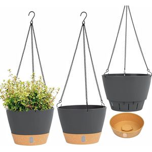 Hangende plantenpot 10 inch - Zelfbewaterende plantenhanger - Hangende bloempot met afvoergaten - Grijs-zwart