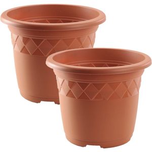 Bloempot/plantenpot rond terra cotta kunststof diameter 29 cm - Set van 2x stuks - Hoogte 23,5 cm - Buiten gebruik