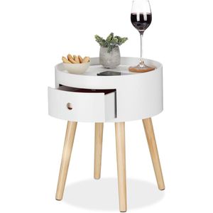 Bijzettafel Scandinavisch design wit-bruin rond schuiflade houten poten HxD 46 x 38 cm