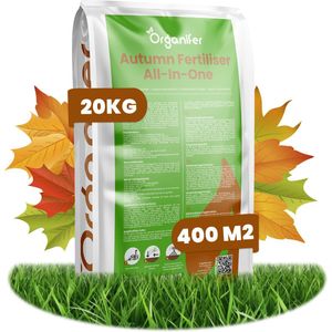 Najaarsmest All-In-One (20kg, 400m2) - Rijk aan Kalium - Gazonmest Najaar - Gazonsmeststof - Organische Meststof - Najaarsmest - Verhoogt de Weerstand van het Gazon tegen Vorst, Droogte, Ziektes en Betreding - Organifer