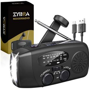 Zybra Draagbare Noodradio - Powerbank 2000 mAh - Zaklamp - Solar opwindbaar - SOS alarm - USB-C kabel - Noodpakket - Kunststof - Zwart