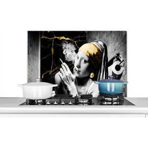 Spatscherm keuken 90x60 cm - Kookplaat achterwand Marmerlook - Meisje met de parel - Sigaretten - Toilet - Goud - Kunst - Oude meesters - Muurbeschermer - Spatwand fornuis - Hoogwaardig aluminium