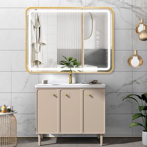 60*80cm gouden badkamerspiegel, geborsteld messing gouden frame afgeronde rechthoekige spiegel, slaapkamer of woonkamer muur gemonteerde make-upspiegel, verstelbare kleurtemperatuur and temperatuurdisplay