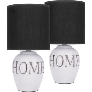 BRUBAKER Set van 2 Tafel- of Bedlampjes - ""Home""- Decoratieve Tafellampen - Keramische voet - Zwarte stoffen kap - 32,5 cm - Zwart Wit Grijs