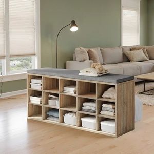 Schoenenrek met Zitje – Schoenenbank met Kussen – 15 Open Vakken – 105x30x48 cm – Ruimtebesparende Schoenenkast voor Hal, Slaapkamer of Woonkamer