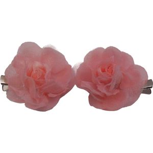 2 roosjes klein met duckklem zalm roze met tule