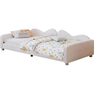 Merax Kinderbed 90x200 cm in Teddy Stof - Gestoffeerd Bed - Eenpersoonsbed in Bankstel Bedframe - Wit