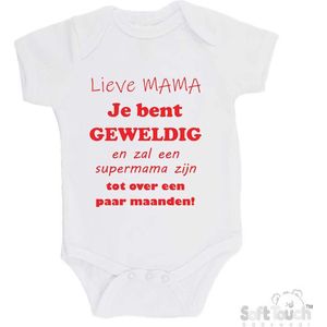 100% katoenen Romper ""Lieve MAMA je bent geweldig en zal een supermama zijn. Tot over een paar maanden!"" Unisex Katoen Wit/rood Maat 62/68