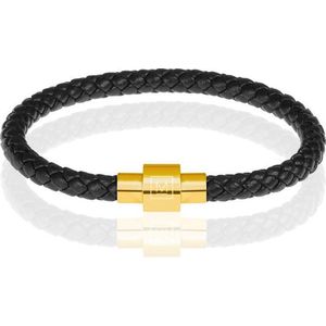 Memphis armband leer met edelstaal Zwart Goudkleurig-22cm