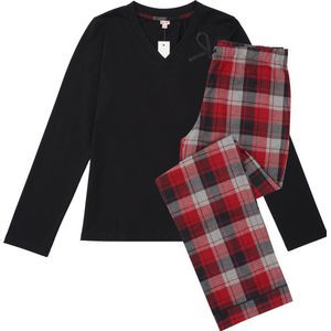 La-V pyjamasets voor dames met geruite flanel broek Zwart/ Rood L (Valt klein)