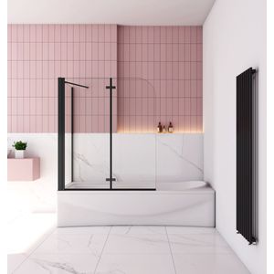Badwand met 2 delig inklapbaar deur 90x140 cm en een zijwand 80cm ,6 mm helder EasyClean veiligheidsglas，mat zwarte profiel