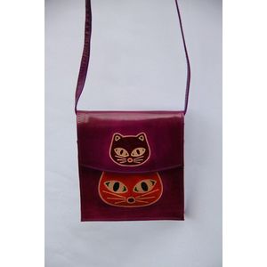 1001musthaves.com Paarse leren dames schouder tas met katten print 16 x 18 cm