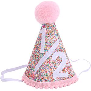 Roze kegelvormige verjaardagshoed met pompons voor meisjes, speciaal voor een halve verjaardag van 6 maanden, schattige feestdecoratie en feestbenodigdheden