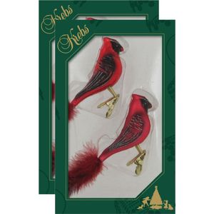 4x stuks luxe glazen decoratie vogels op clip kardinaal rood 15 cm - Decoratievogeltjes - Kerstboomversiering