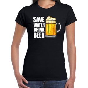 Save water drink beer fun t-shirt - zwart - dames - Feest outfit / kleding / shirt S