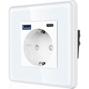 Enkel stopcontact met 2 USB-poorten en kinderbeveiliging - Wandcontactdoos met 2,5D gebogen glazen plaat