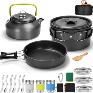 Camping serviesset, kookgerei, set, outdoor kookset, potten, aluminium met theeketel en 3 sets, opvouwbaar, roestvrij staal, bestek, campingpannenset voor 3 personen, outdoor koken