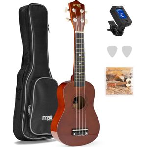 Ukelele set - MAX UKEY - 21 inch Ukulele van hout - Kindergitaar en gitaar voor volwassenen - incl. Ukelele tas, plectrums en stemapparaat - Bruin (hout)