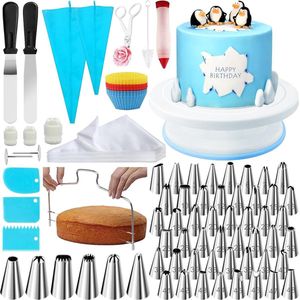 Bakaccessoires voor taarten, set 181, spuitmonden, taartplaat, draaibaar, taartset, accessoires, fondant, bakset, 54 spuitmonden voor garnering, 100 spuitzakken, bakwaren accessoires (blauw