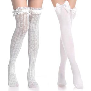 2 paar - Overknee kousen voor dames - Lange overknee kousen met strik - Satijnen strikkousen - Ondoorzichtige witte kniekousen - Dijkousen - Kerstkledingaccessoires