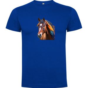 Kobalt Blauw T-Shirt met “ Kleurrijke Prachtig Paard“ Print Full Color maat 104 / 3/4 jaar