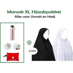 Ihraam kleding - XL Hijaabpakket - Zwart en Wit Middelgroot Hijaab - Voor Umrah en Hadj - Gebed - One size Hijaab - 1 X Reisstekker Type G - ZamZam Thermosfles - EHBO Kit - Ihram