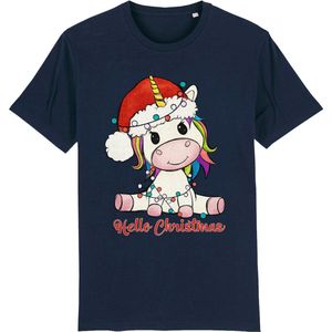 Jongens Meisjes T Shirt - Unicorn Kerstmis - Blauw - Maat 164