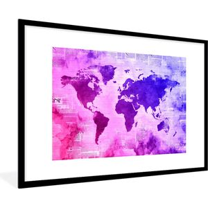 Fotolijst incl. Poster - Wereldkaart - Roze - Blauw - 90x60 cm - Posterlijst