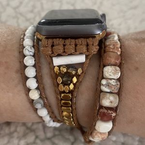 Apple Watch bohemian horloge bandje 42/44/45 mm bruin/grijs Natuursteen Kralen Wikkelband Ibiza stijl