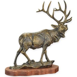 Antiek Gietijzeren Beeld van een Eland op Houten Basis – Elegante Gietijzeren Sculptuur voor Woondecoratie – 47 cm Hoog