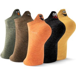 Jolly Socks - Sneaker Sokken met Smiley - Maat 35-42 - 5 pack Groen, bruin, oranje, zwart, geel