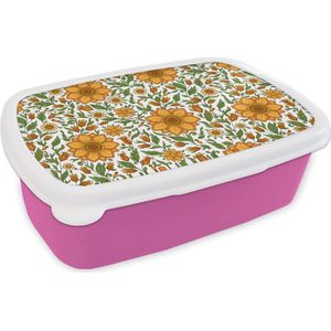 Broodtrommel Roze - Lunchbox - Brooddoos - Bloemen - Oranje - Design - 18x12x6 cm - Kinderen - Meisje