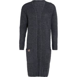 Knit Factory Alex Lang Gebreid Dames Vest - Grof gebreid donkergrijs damesvest - Cardigan voor de herfst en winter - Lang vest tot over de knie - Antraciet - 36/38