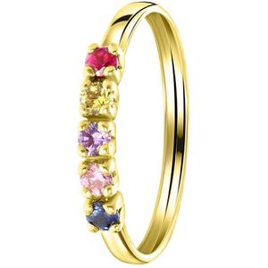 Lucardi Dames Ring 5 multicolor zirkonia's - Ring - Cadeau voor vrouwen - 14 Karaat Goud - Geelgoud