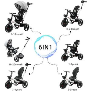 Gran Vida® - Driewieler Met Duwstang - 360 Graden Draaibare Stoel - Verstelbare Luifel - Schokabsorberende Wielen - Geschikt voor Kinderen van 1-5 Jaar - Grijs