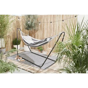 909 Outdoor - Hangmat met Standaard - Zwart/witte Hangmat van Katoen en Polyester - Geen Montage Nodig - 200 x 100 cm (L x B)