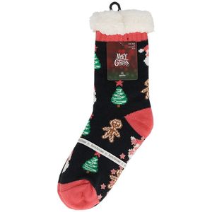Apollo Dames Kerst Huissokken Met Antislip Donkerblauw Kerstboom Print - Maat 36/41
