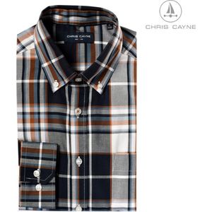 Chris Cayne heren overhemd lange mouw met borstzak - maat M - kleur donkerblauw/bruin/offwhite - geruit patroon - ingeweven ruitpatroon - Katoen - shirt heren - shirt M - borstzak